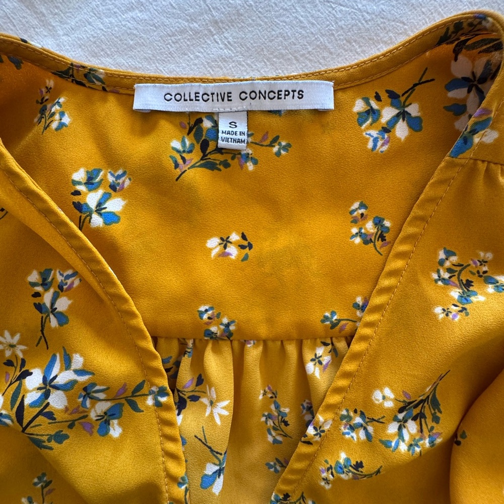 Collective Concepts Mustard Yellow Floral V-Neck Top